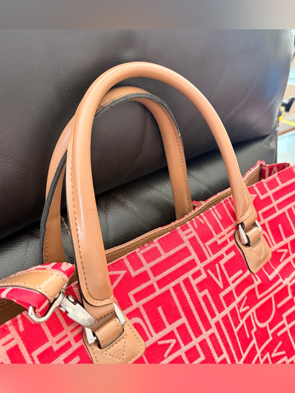 Diane Von Furstenberg Tote Bag Large Red Monogram Weekend Travel Canvas Leather - Picture 6 of 10